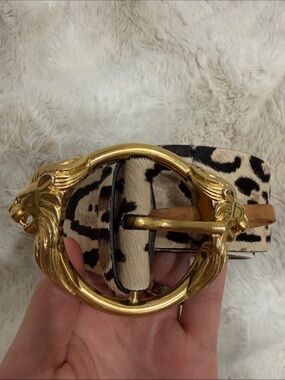 Women’s Leopard Print Haircalf Belt with Gold Lion Buckle